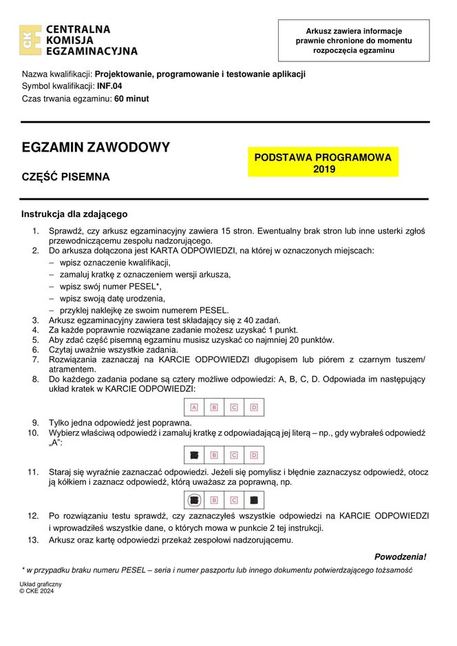 Egzamin zawodowy informatyk - przykładowe zadania. Nazwa kwalifikacji: Projektowanie, programowanie i testowanie aplikacji