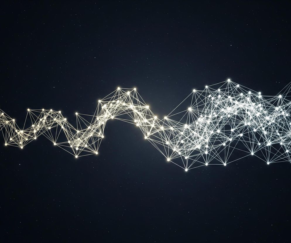 Abstrakcyjną strukturę złożoną z połączonych linii i świecących punktów, rozciągającą się horyzontalnie na tle ciemnego, gwiaździstego nieba. Struktura stopniowo zmienia barwę od złocistożółtej po lewej stronie do jaskrawo białej po prawej, jednocześnie stając się gęstsza i bardziej skomplikowana. Punkty świetlne, stanowiące węzły sieci, emitują delikatną poświatę, a ciemne tło usiane jest drobnymi, rozproszonymi białymi punktami imitującymi gwiazdy.