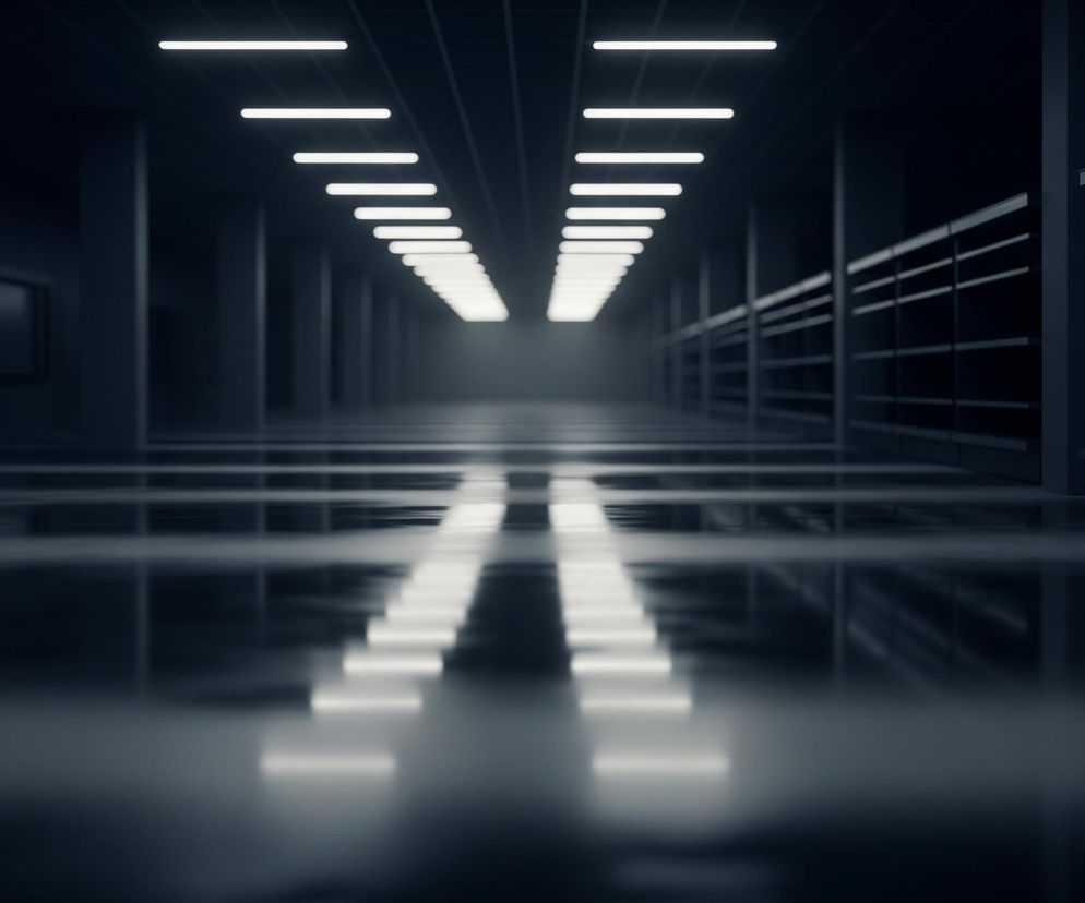 Długi, ciemny korytarz z rzędami pustych półek po obu stronach rozciąga się w głąb obrazu, zbiegając się w jasnym punkcie na horyzoncie. Sufit jest pokryty równoległymi rzędami podłużnych, świecących lamp, których światło odbija się od błyszczącej, ciemnej podłogi. Po lewej stronie widać prostokątny, ciemny obiekt zawieszony na ścianie.