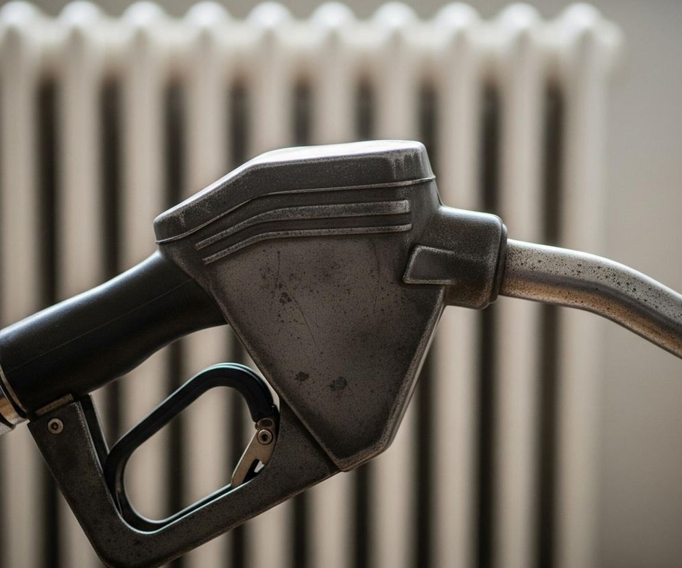Na pierwszym planie, centralnie, widoczny jest metalowy dystrybutor paliwa o ciemnoszarym, zmatowionym kolorze z drobnymi, jaśniejszymi plamkami przypominającymi kurz lub zużycie. Dysza jest skierowana w prawo, lekko w dół, a jej metalowa końcówka jest jaśniejsza i bardziej błyszcząca niż korpus. Czarny uchwyt ma wewnątrz metalową dźwignię. W tle, rozmyty, znajduje się jasny, żeberkowy grzejnik, tworzący pionowe, regularne pasy na beżowo-białym tle.