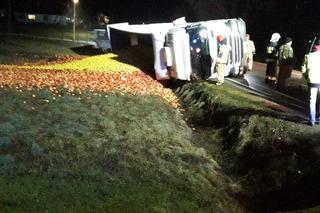 Tir przewożący jabłka wylądował na boku. Towar wysypał się na łąkę