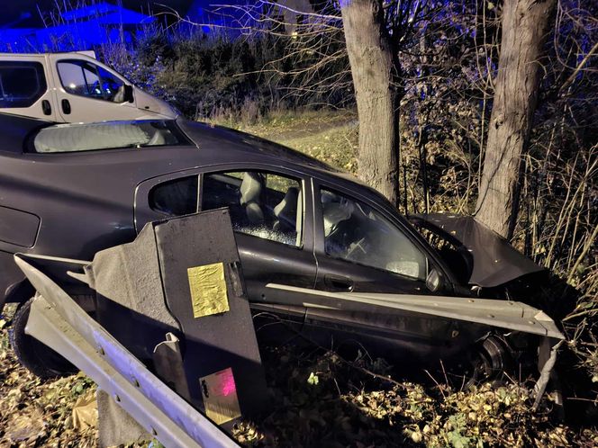 Szalony rajd pijanego kierowcy w Brodach. Uszkodził trzy auta, skończył na drzewie