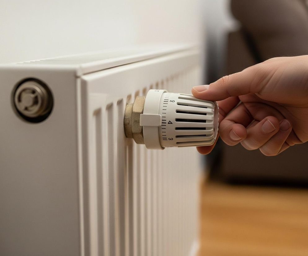 Dłoń reguluje termostat grzejnika w pomieszczeniu, symbolicznym dla bonu ciepłowniczego i oszczędności na ogrzewaniu. Na portalu Super Biznes znajdziesz szczegółowe informacje, jak uzyskać wsparcie finansowe.