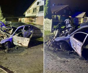 Lisewo Malborskie. Pożar auta po uderzeniu w słup energetyczny. Dwie osoby uratowali świadkowie.