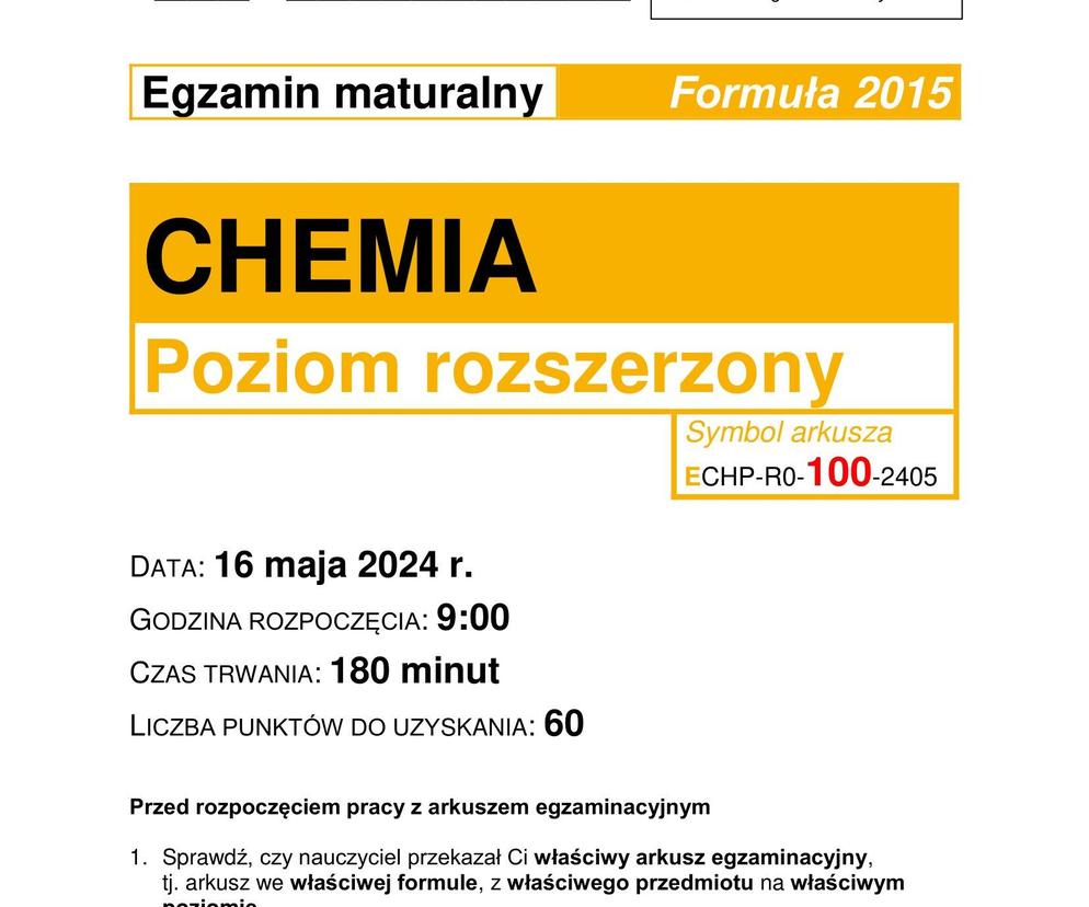 Matura 2024: chemia rozszerzona – ARKUSZ FORMUŁA 2015