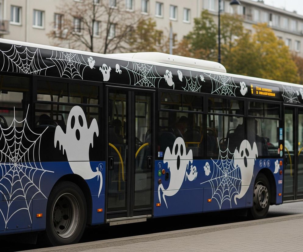 Niebieski autobus z motywem Halloweenowym stoi na przystanku autobusowym, na tle szarych budynków i drzew z jesiennymi liśćmi. Bok autobusu, poniżej okien, jest granatowy, natomiast górna część karoserii, powyżej okien, ma czarny pas. Obie te sekcje ozdobione są białymi pająkami i pajęczynami, a także latającymi duchami z dwoma czarnymi oczami i otwartymi ustami, wyglądającymi jakby krzyczały lub unosiły się. Na przedzie autobusu, po prawej stronie, widać jasny wyświetlacz informujący o trasie. Po prawej stronie zdjęcia znajduje się część zadaszonego przystanku autobusowego z niebieską tabliczką z symbolem autobusu.