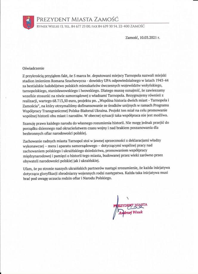 Zamość: Miasto zawiesza współpracę z Tarnopolem i rezygnuje ze wspólnej inwestycji