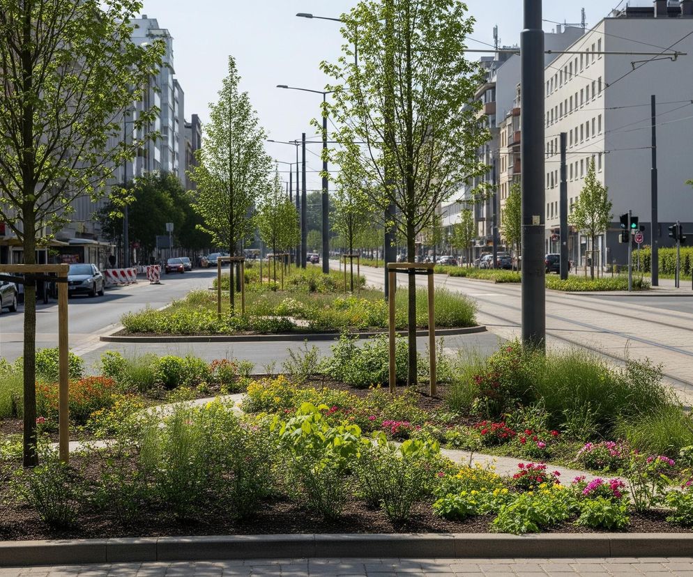 Szeroką miejską ulicę w słoneczny dzień, z centralnym pasem zieleni wypełnionym roślinami. Na pierwszym planie widoczne są krzewy o jasnozielonych liściach, z rozsianymi różowymi, czerwonymi i żółtymi kwiatami. Po obu stronach pasa zieleni biegną jezdnie z samochodami oraz tory tramwajowe po prawej stronie. Długie rzędy drzew z młodymi, jasnozielonymi liśćmi otaczają pas zieleni, a za nimi widać szereg budynków o jasnych fasadach, z licznymi oknami. Na całej szerokości ulicy rozmieszczone są latarnie i słupy trakcji tramwajowej.
