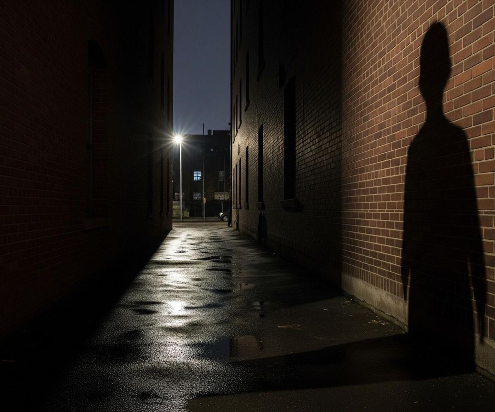 Ciemne, wąskie przejście między dwoma ceglanymi budynkami rozciąga się w głąb obrazu, gdzie w oddali widać jasne światło latarni ulicznej. Po prawej stronie, na ceglanej ścianie, rzuca się wyraźny, wydłużony cień sylwetki osoby, skierowany ku przodowi. Nawierzchnia chodnika jest mokra i odbija światło, tworząc lśniące plamy, zwłaszcza w centralnej części zdjęcia, w kierunku latarni. Niebo nad budynkami jest ciemne, granatowe, sugerujące noc.
