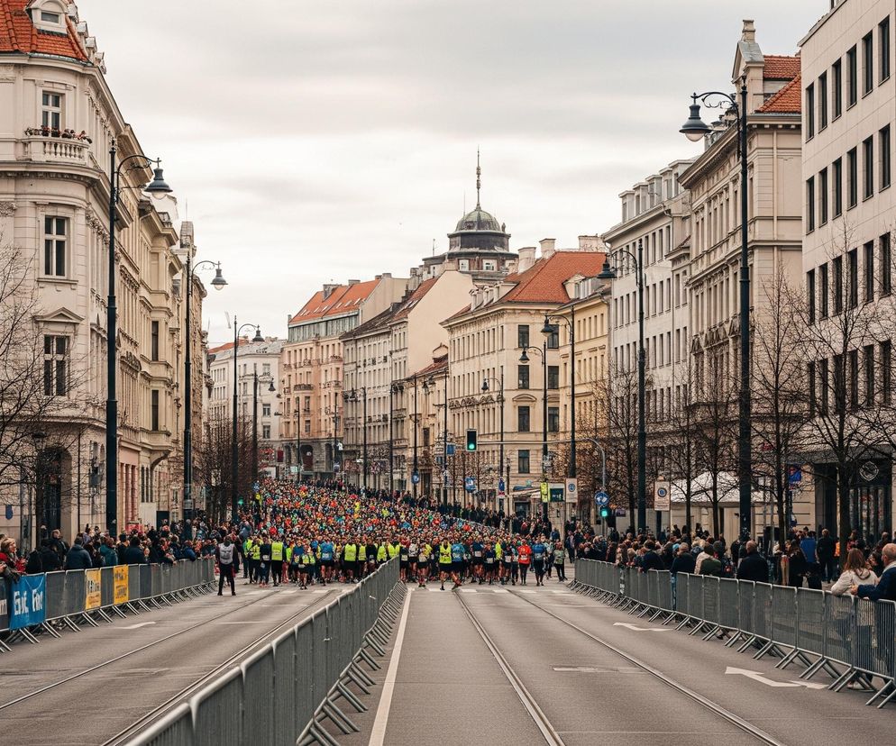Ulica w mieście, otoczona zabytkowymi kamienicami, jest zapełniona ludźmi. W centrum kadru, w oddali, widać gęsto zgromadzonych biegaczy w kolorowych strojach, przygotowujących się do startu lub już biegnących. Po obu stronach asfaltowej drogi, na której widoczne są tory tramwajowe, ustawione są metalowe barierki oddzielające publiczność od trasy. Wzdłuż barierek stoją widzowie, obserwujący wydarzenie. Ponad budynkami rozciąga się jasne, zachmurzone niebo.