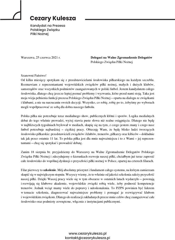 List Cezarego Kuleszy do delegatów PZPN