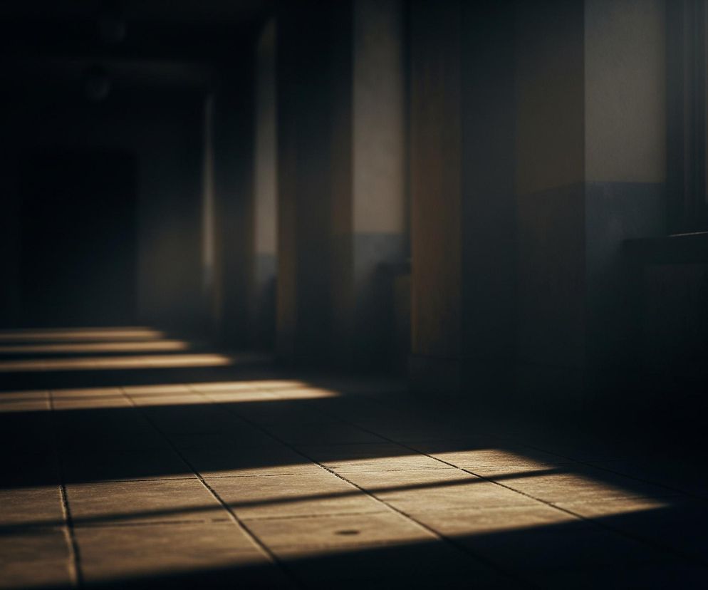 Długi korytarz, wyłożony jasnobrązowymi kafelkami, biegnie w głąb obrazu, gdzie jego koniec zanika w ciemności. Wzdłuż prawej ściany znajduje się okno z zabrudzoną lub zaparowaną szybą, przez którą wpada światło, tworząc na podłodze wyraźne, prostokątne plamy. Kolumny lub filary, zanikające w ciemności po lewej stronie, rzucają długie cienie na podłogę. Dominują ciemne odcienie brązu i szarości, z kontrastującymi smugami jasnego światła.