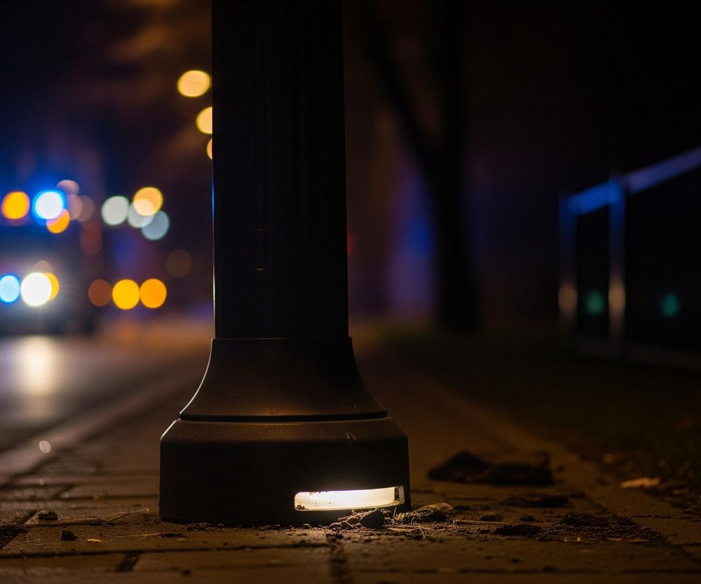 Centralnie w kadrze widać ciemną, metalową latarnię uliczną, której podstawa jest szeroka i ozdobna. U dołu latarni znajduje się prostokątne wgłębienie, z którego wydobywa się jasne, białe światło, oświetlające bruk wokół niej. Bruk jest ciemny, prawdopodobnie mokry, z widocznymi rozsypanymi drobinami ziemi i kamyków. W tle, po lewej stronie, rozmyte światła pojazdu policyjnego – niebieskie i białe – błyskają w oddali na ulicy, a obok nich pojawiają się rozmazane żółte i pomarańczowe światła innych źródeł. Prawa strona kadru ukazuje ciemny trawnik oraz fragment metalowego ogrodzenia lub barierki.