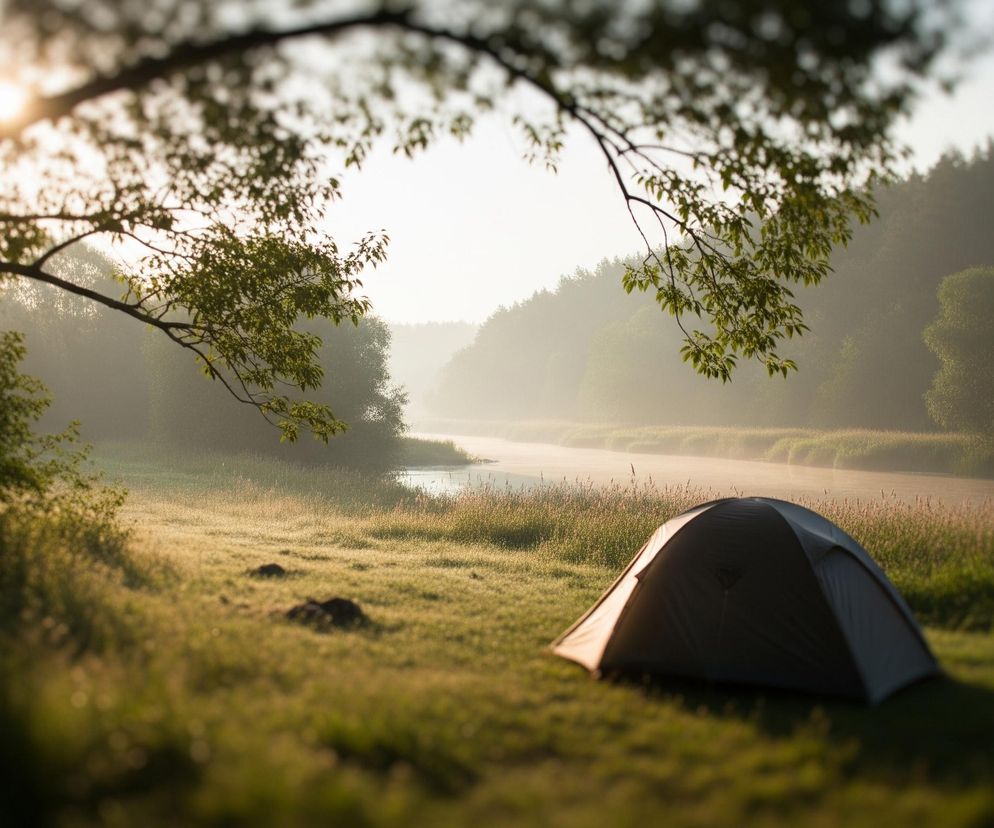 Namiot o ciemnych ściankach stoi na zielonej trawie w dolnej prawej części kadru. Złote światło poranka pada na namiot i rosę na trawie, tworząc migoczące punkty. Za namiotem płynie rzeka, otoczona gęstą, mglistą roślinnością, a w tle widać ciemny las na wzgórzach. Nad całością rozciąga się korona drzewa z liśćmi, oświetlonymi przez słońce po lewej stronie kadru.
