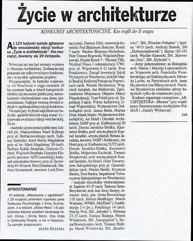 ŻYCIE W ARCHITEKTURZE. Kto trafił do II etapu? Gazeta Dolnoślaska nr 240, 13.10.1999