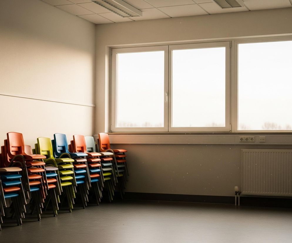 W pomieszczeniu, po lewej stronie, stoją ułożone w stosy kolorowe krzesła z metalowymi nogami. Krzesła mają siedziska i oparcia w odcieniach pomarańczowego, zielonego, niebieskiego i beżowego. Ściana za krzesłami jest jasna, a podłoga ciemna. Na wprost znajduje się duże okno podzielone na trzy części, przez które wpada jasne, rozproszone światło. Pod oknem widać biały kaloryfer i listwę ścienną z gniazdkami elektrycznymi. Na suficie widoczne są kasetony i podłużne lampy.