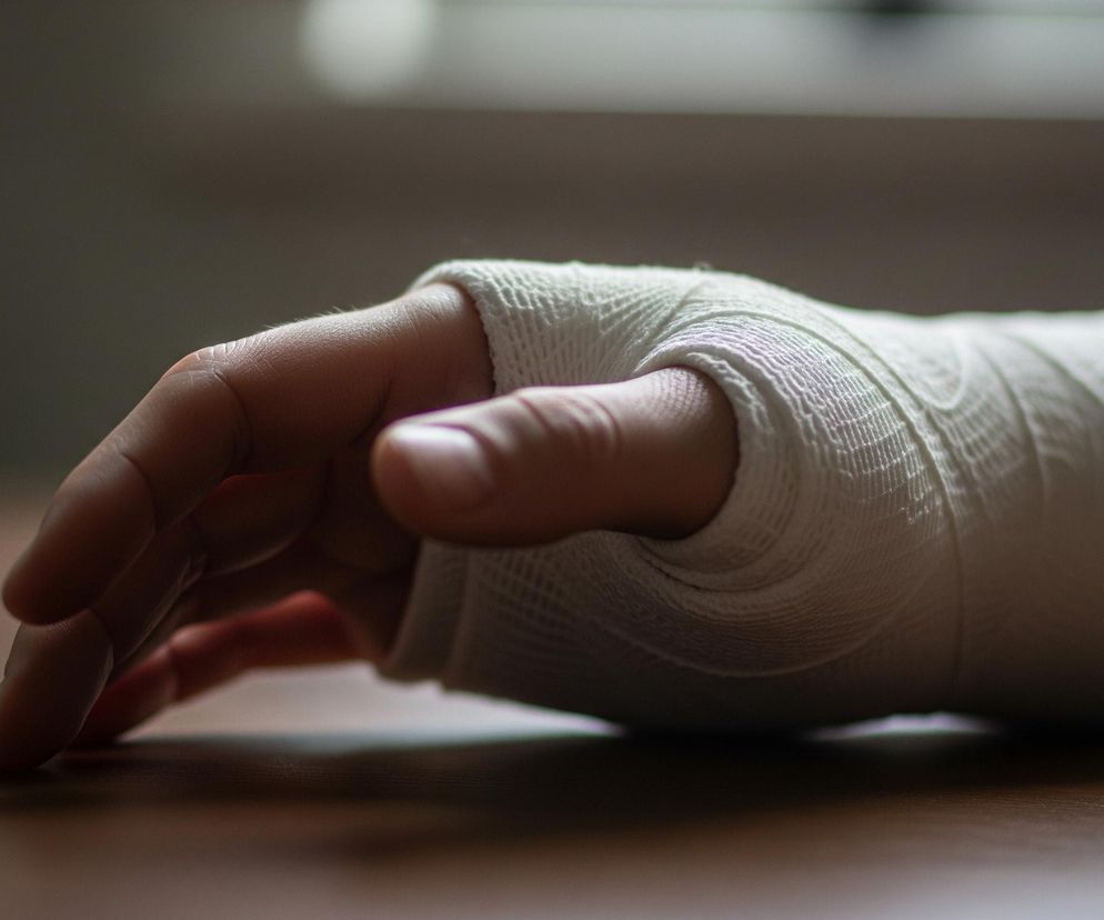 Na zdjęciu widoczna jest ludzka dłoń spoczywająca na ciemnobrązowej, drewnianej powierzchni. Dłoń jest owinięta białym bandażem, który pokrywa nadgarstek i część grzbietu ręki, pozostawiając palce wolne. Światło pada z lewej strony, delikatnie oświetlając skórę i fakturę bandaża. Tło jest rozmyte, z jasnoszarą, poziomą linią w górnej części, sugerującą krawędź okna lub innej płaszczyzny.