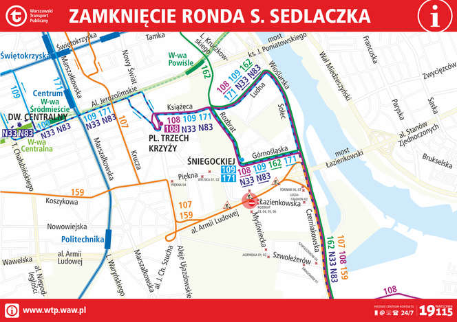 Zamknięte rondo pod trasą Łazienkowską - objazd komunikacji miejskiej