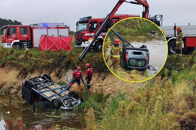 Makabra pod Wieluniem. Samochód zatonął w stawie, w środku zwłoki dwóch mężczyzn