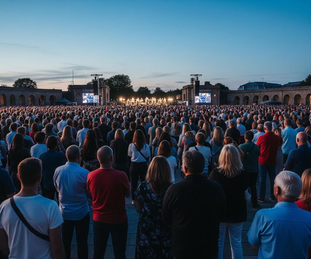 Ogromny tłum ludzi, głównie dorosłych, stoi zwrócony tyłem do widza, obserwując scenę oddaloną na horyzoncie. Niebo jest błękitne z delikatnymi szarymi chmurami, a po bokach widoczne są ceglane budynki z rzędami łukowatych arkad, podświetlonych na żółto od wewnątrz. W oddali, na głównej scenie, widoczni są artyści oraz dwa duże ekrany LED po bokach, wyświetlające niebiesko-białe obrazy.