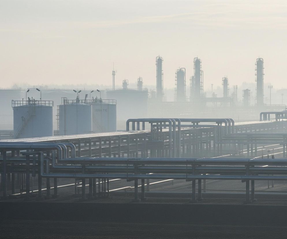 Przemysłowy krajobraz zdominowany jest przez rozległe rzędy srebrzystych rur biegnących poziomo i pionowo, tworząc gęstą sieć transportową. W tle widoczne są liczne białe zbiorniki o cylindrycznym kształcie oraz wysokie, smukłe kolumny destylacyjne z platformami i drabinami, które zlewają się z mglistym, jasnym niebem. Całość obrazu utrzymana jest w chłodnych, stonowanych odcieniach szarości i bieli, co nadaje mu eteryczny i surowy charakter. Na pierwszym planie, u dołu kadru, widoczny jest ciemniejszy, ziarnisty grunt, kontrastujący z jaśniejszą, zamgloną atmosferą reszty sceny.