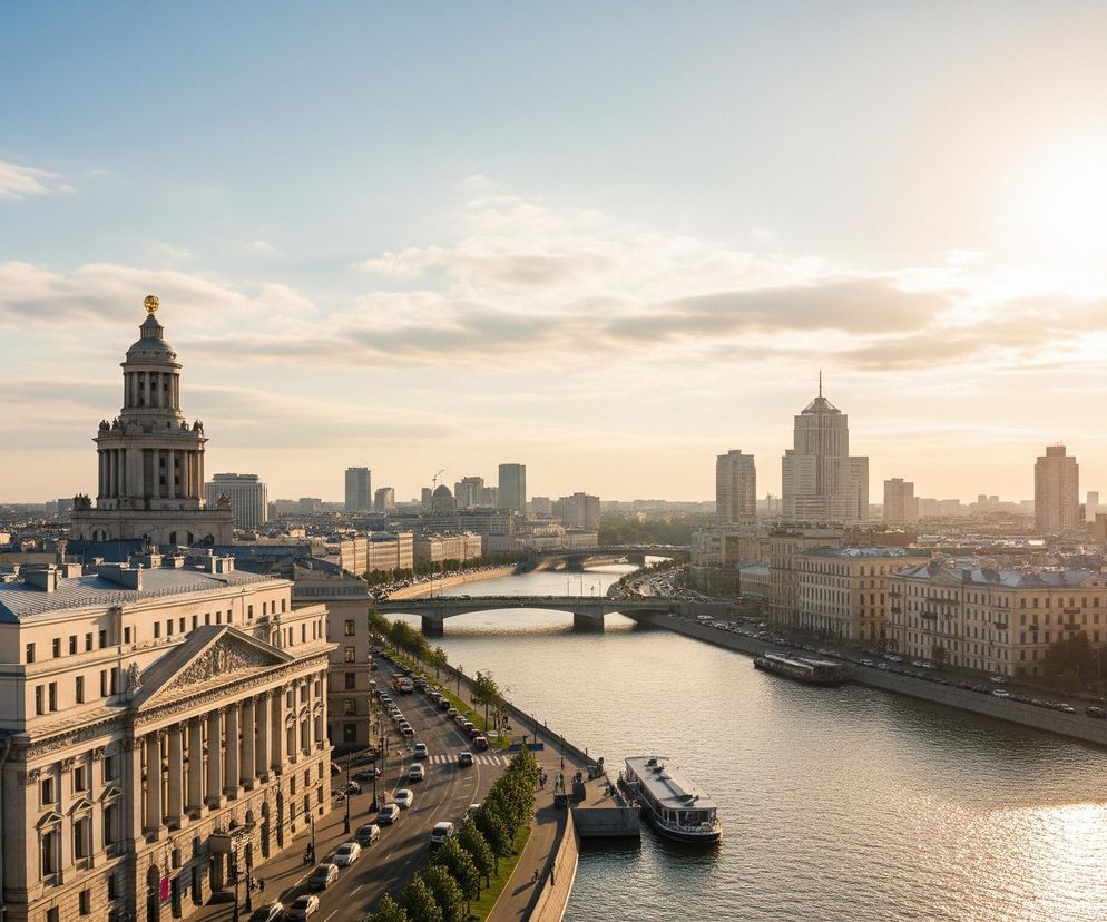 Rozległą panoramę miasta z rzeką przepływającą przez środek, oświetloną słońcem znajdującym się po prawej stronie. Dominującym elementem w lewej części kadru jest duży, klasycystyczny budynek z kolumnami i tympanonem, obok którego wznosi się wysoka wieża z kopułą zwieńczoną złotym elementem. Wzdłuż brzegu rzeki biegnie ulica z ruchem samochodowym, a w wodzie widoczne są dwie zacumowane łodzie pasażerskie. W tle, na obu brzegach rzeki, rozciąga się miejska zabudowa z licznymi budynkami mieszkalnymi i biurowcami, a na horyzoncie widać dalsze, wysokie wieżowce.
