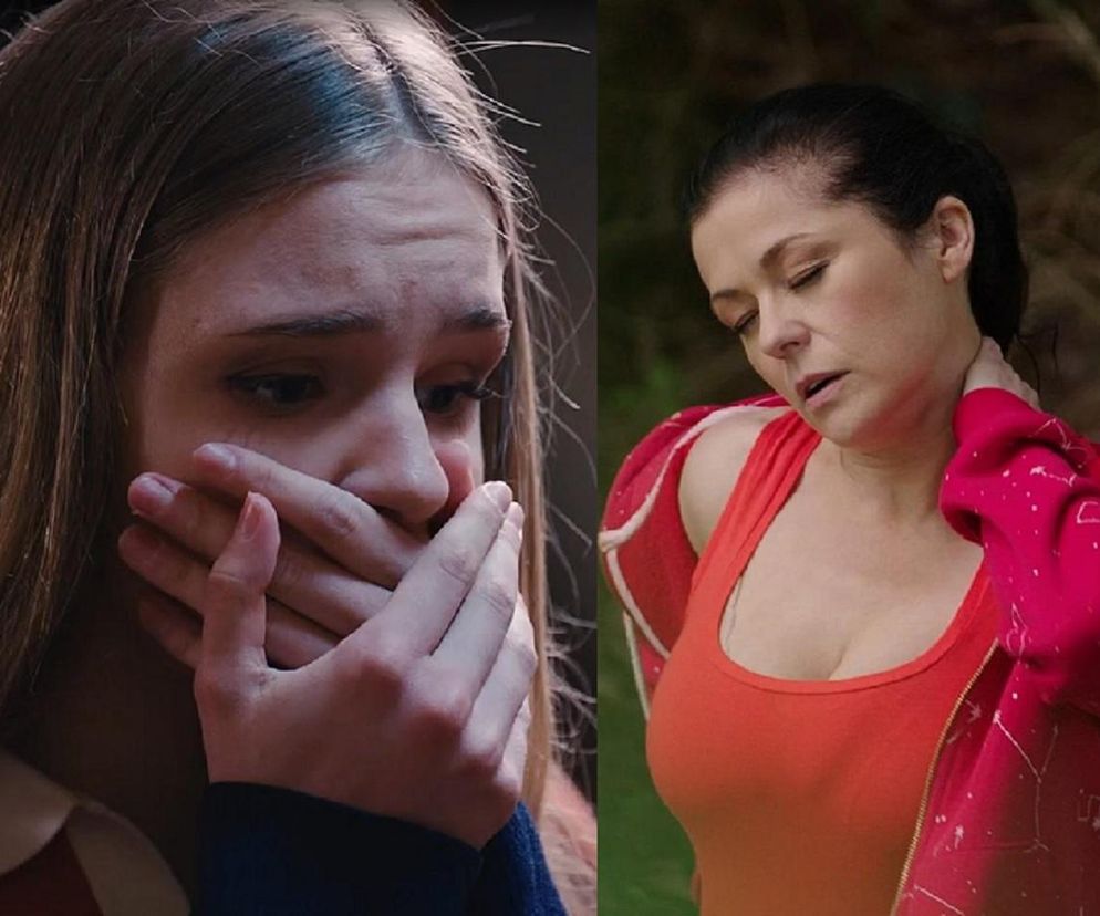 Sara (Nadia Smyczek) zakrywająca usta dłońmi w akcie szoku lub przerażenia i Kinga Zduńska (Katarzyna Cichopek) w czerwonej bluzie, zmęczona lub odczuwająca ból, ukazane w scenie z serialu M jak miłość. Więcej informacji o serialu znajdziesz na Super Seriale.