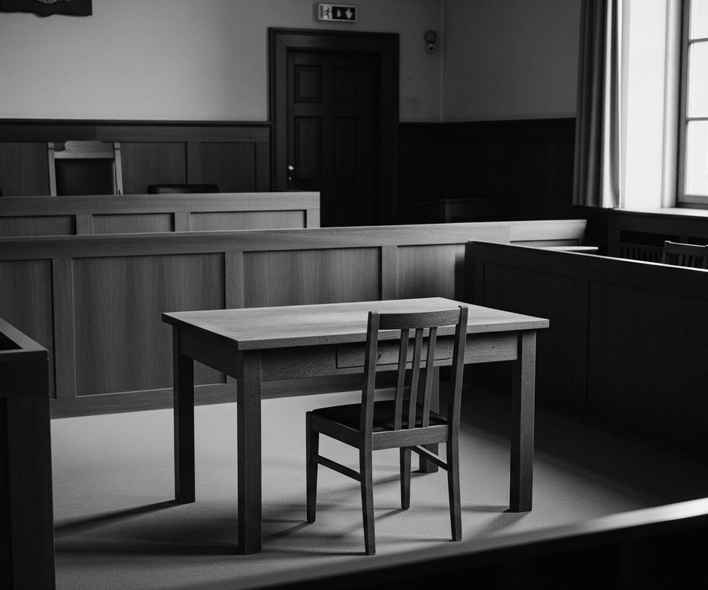 Na pierwszym planie, centralnie, stoi drewniany stół z krzesłem. Krzesło jest ustawione tyłem do widza, przodem do stołu, z wysokim oparciem składającym się z czterech pionowych szczebelków. Podłoga pokryta jest jasnym, jednolitym dywanem.

W tle, po lewej stronie, widoczne są drewniane, częściowo przeszklone panele ścienne i dwie ławy z oparciami, a także fragment trzeciej ławy, częściowo zasłoniętej. Po prawej stronie dominują duże okno z jasnymi, pionowymi zasłonami i ciemne, drewniane panele ścienne, a także fragmenty dwóch krzeseł i stołu.

W górnej części kadru, po lewej stronie, widać ciemne drzwi z białą tabliczką u góry oraz małe, jasne okienko. Całe pomieszczenie jest utrzymane w monochromatycznej tonacji, z przewagą szarości i czerni, z wyraźnymi kontrastami światła i cienia.