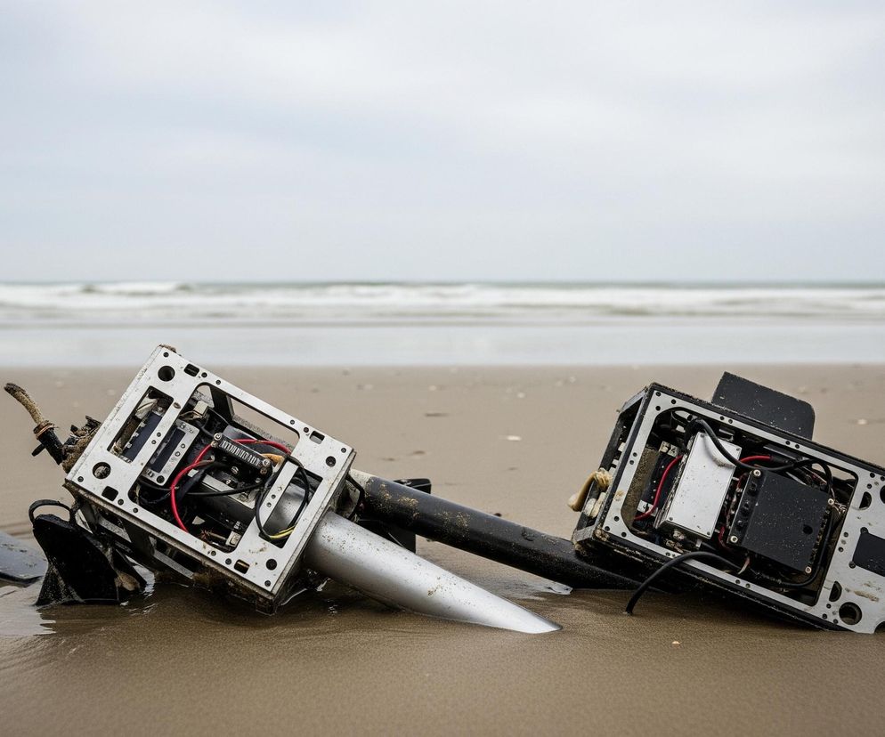 Na piaszczystej plaży leżą dwa uszkodzone, technologiczne moduły o metalowo-plastikowej konstrukcji, połączone czarną rurą i srebrnym stożkowatym elementem. Ich otwarte obudowy ukazują wewnętrzne okablowanie, płytki drukowane oraz drobne komponenty elektroniczne, z których jeden moduł jest zalany wodą. W tle rozciąga się linia brzegowa z falami morskimi i spokojne, jasnoszare niebo.