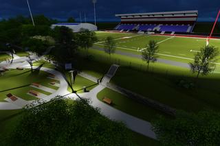 Edukacyjny ekotaras -   propozycja zagospodarowania terenu przyległego do Olimpijskiego Stadionu Rugby z widokiem na dolinę i Łynę.