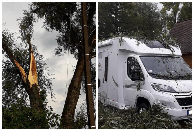 Skutki burzy w Krynkach. Złamany konar zerwał linię energetyczną i uszkodził auto