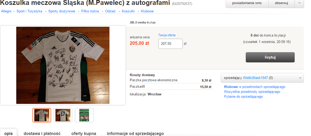 Koszulka meczowa Śląska (M.Pawelec) z autografami
