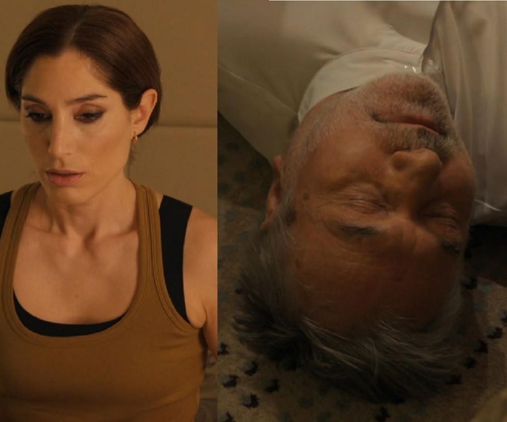 Celina (Orina Krajewska) w brązowym topie na czarnym podkoszulku zamyślona, obok śpiący Andrzej (Leon Charewicz) w białej koszuli leżący na podłodze. Ta scena z serialu Barwy szczęścia dostępna jest na Super Seriale.