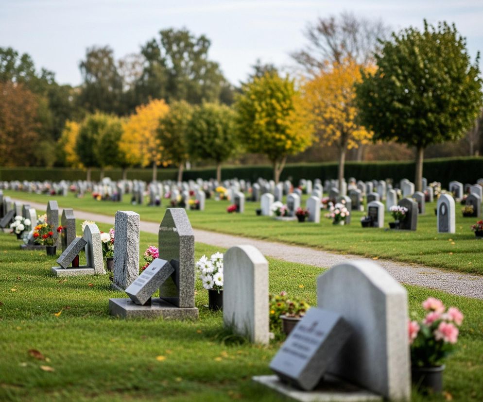 Aleja cmentarna, w której kamienne nagrobki usytuowane są w regularnych rzędach na zielonej trawie. Przy nagrobkach znajdują się małe bukiety kwiatów w wazonach lub doniczkach. W tle widoczny jest szpaler drzew o jesiennych liściach w odcieniach zieleni, żółci i pomarańczu, a za nimi las. Niebo jest jasne, błękitne.