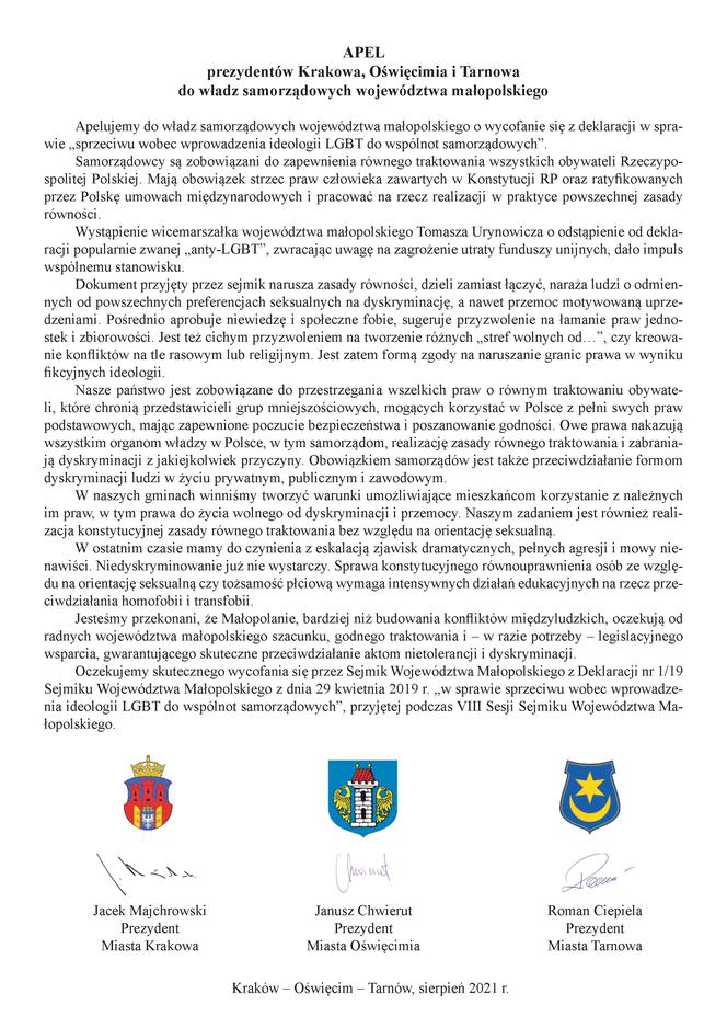 Małopolska: Trzej prezydenci apelują w sprawie deklaracji anty-LGBT