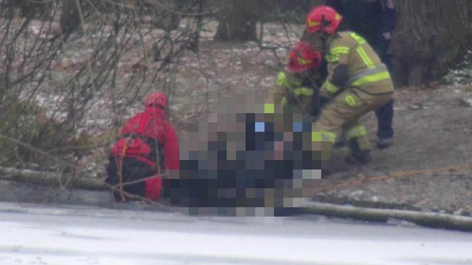 Makabra w Łazienkach Królewskich. Zamarznięte zwłoki w stawie