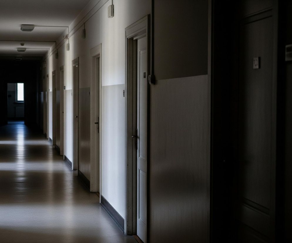 Długi, wąski korytarz rozciąga się w głąb obrazu, znikając w ciemnościach. Po obu stronach widoczne są rzędy białych drzwi i jasnych ścian, z ciemniejszymi panelami biegnącymi wzdłuż dolnej części ścian. Na suficie rozmieszczone są prostokątne lampy, a podłoga, odbijająca światło, ukazuje jasne smugi i cienie. W tle, na końcu korytarza, jasne, prostokątne okno przyciąga wzrok, tworząc kontrast z ogólnym zacienieniem przestrzeni.