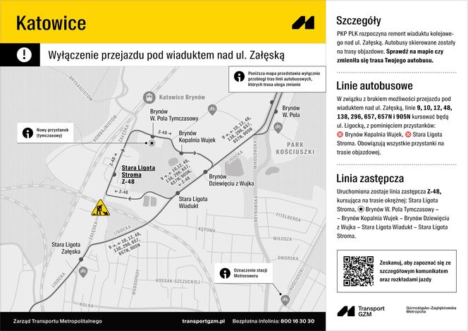 Zmiany w komunikacji miejskiej z powodu przebudowy wiaduktu nad ul. Załęską