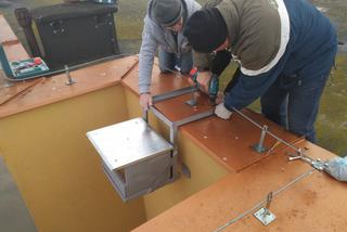 Pracownicy ŁSM podczas instalacji nowego lokum dla Pustułki