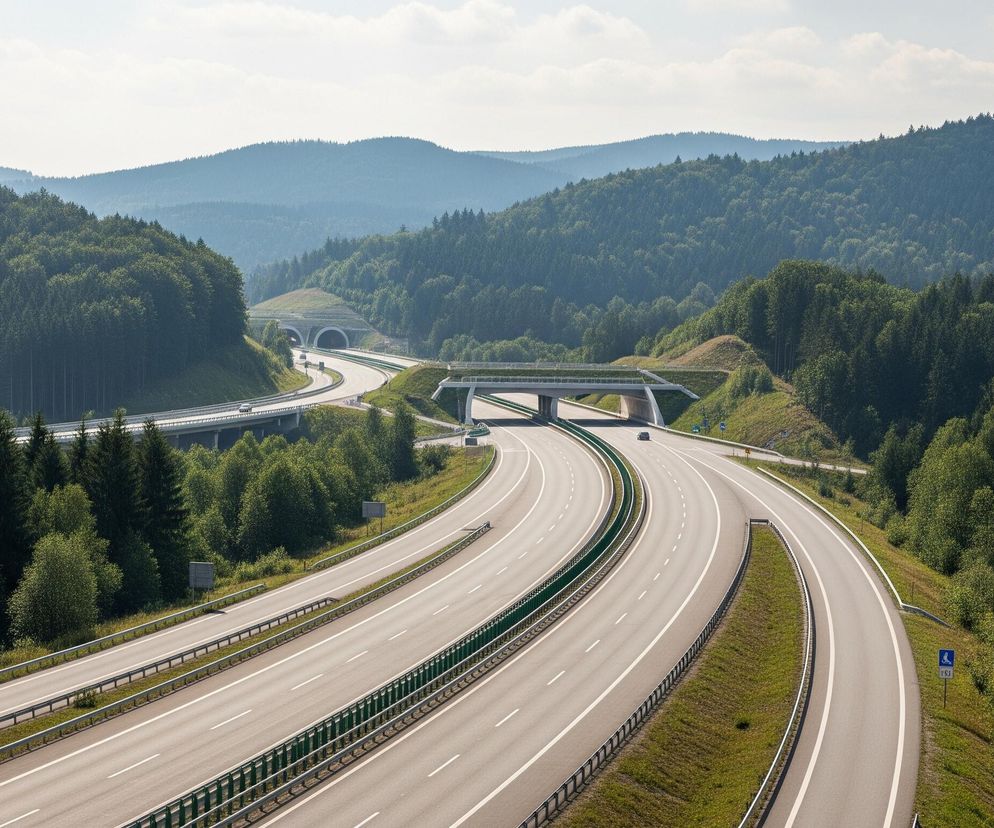 Szeroka autostrada o wielu pasach ruchu dominuje centrum obrazu, rozgałęziając się i zakręcając przez górzysty, zalesiony krajobraz. Droga składa się z jasnoszarego asfaltu z wyraźnie widocznymi białymi liniami pasów i otoczona jest barierkami ochronnymi, w części z nich o zielonej barwie. W tle widoczne są gęsto zalesione wzgórza i pasma górskie, tworzące warstwową perspektywę, gdzie dalsze wzniesienia są zamglone. Na horyzoncie widoczne jest jasne niebo z kilkoma rozproszonymi chmurami, a w oddali dostrzec można tunele przebiegające pod wzniesieniami.