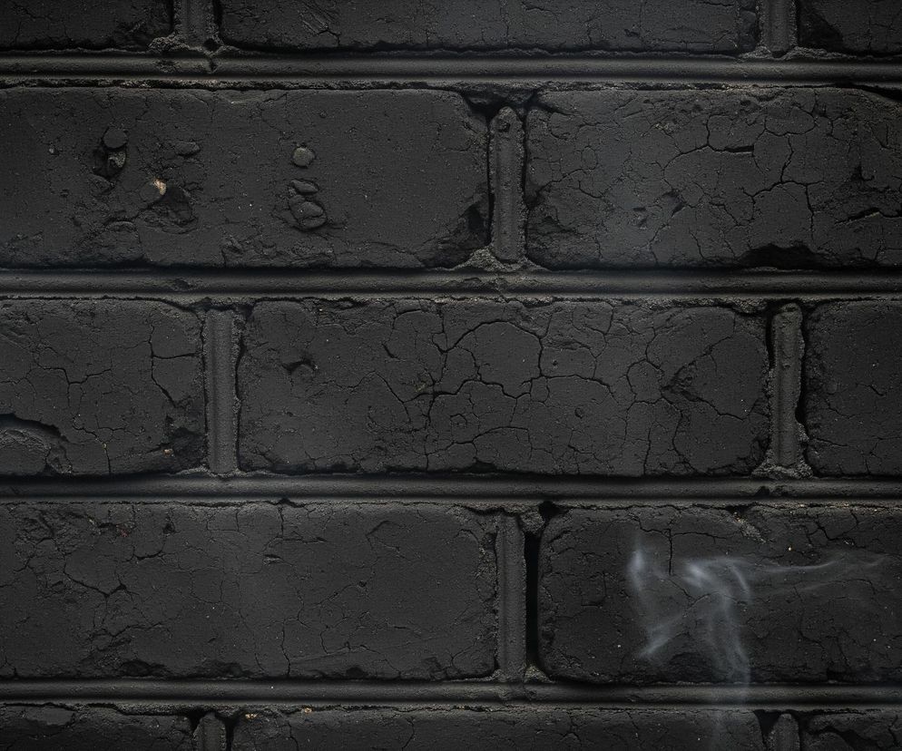 Ciemna, ceglana ściana dominuje kadr, ukazując czarne cegły ułożone w regularne rzędy z ciemnymi spoinami. Tekstura cegieł jest nierówna, z licznymi pęknięciami i drobnymi ubytkami widocznymi na powierzchni. Biały, przezroczysty dym unosi się w dolnej prawej części obrazu, częściowo zasłaniając powierzchnię cegieł. Delikatne winietowanie sprawia, że krawędzie obrazu są nieco ciemniejsze niż jego centrum.