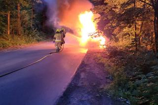 Pożar samochodu na trasie Łęgajny - Nikielkowo. Droga była całkowicie zablokowana [ZDJĘCIA]