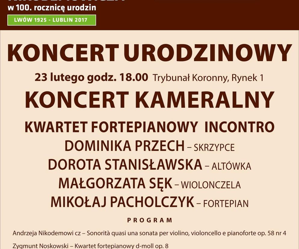 Koncert kameralny z okazji setnej rocznicy urodzin Andrzeja Nikodemowicza - plakat 