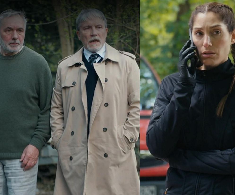 Celina (Orina Krajewska) w czarnym stroju i rękawiczkach rozmawia przez telefon, a po lewej stronie stoją Andrzej Zastoi (Leon Charewicz) w zielonym swetrze i Antoni Kiryłło (Cezary Nowak) w płaszczu. Możesz o tym przeczytać więcej na Super Seriale.