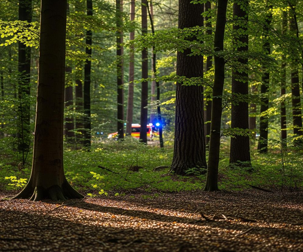 Gęsty las liściasty, z wysokimi, prostymi pniami drzew dominującymi w kadrze, rozciąga się w głębi. Zielone korony drzew, jasno oświetlone przez słońce w górnej części obrazu, tworzą jaskrawe akcenty na tle ciemniejszych obszarów. Na pierwszym planie, w dolnej części, znajduje się ścieżka pokryta liśćmi i usłana plamami światła i cienia, rzucanymi przez drzewa. W oddali, pośrodku lasu, widać zamazane światła pojazdów ratunkowych – czerwony samochód z migającymi niebieskimi światłami sygnalizacyjnymi.
