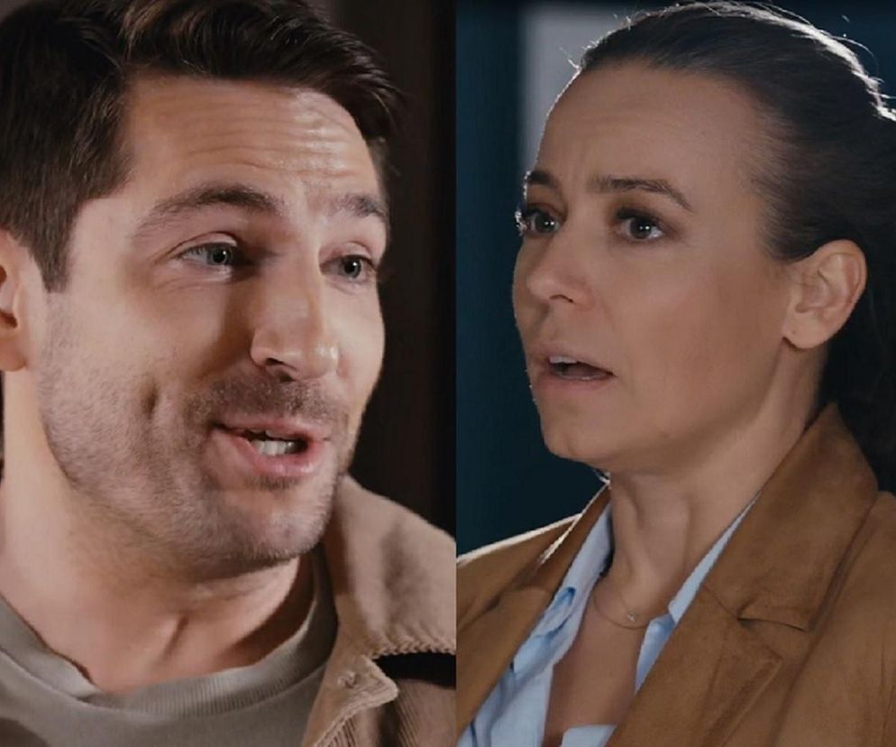 Zbliżenie na Magdę (Anna Mucha) z przerażoną miną i Dimę (Michaił Pszeniczny), który ma otwarte usta i patrzy w górę, co sugeruje rozmowę i poważne wiadomości w M jak miłość. Tę scenę oraz inne wydarzenia z serialu możesz śledzić na Super Seriale.