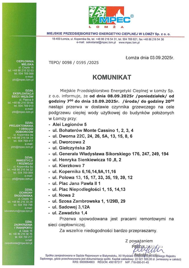 Przerwa w dostawie ciepłej wody w Łomży