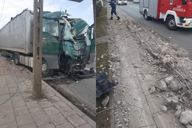 Koszmarny wypadek w Suchowoli! Ciężarówka wjechała w słup energetyczny. Kierowca nie żyje