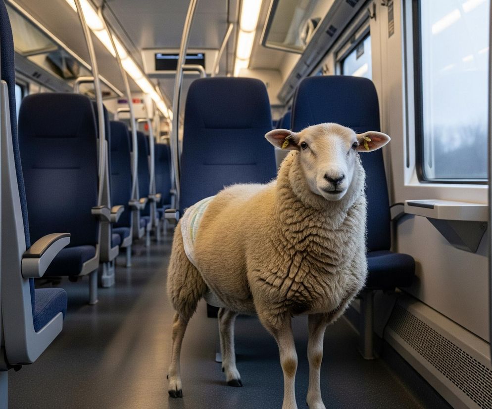 Biała owca w pieluszce stoi na środku korytarza w wagonie pasażerskim, patrząc prosto w obiektyw. W tle widać rzędy pustych, granatowych siedzeń. Okna wagonu po prawej stronie ukazują niewyraźny, jasnoszary krajobraz, a na suficie biegną jasne paski oświetlenia.