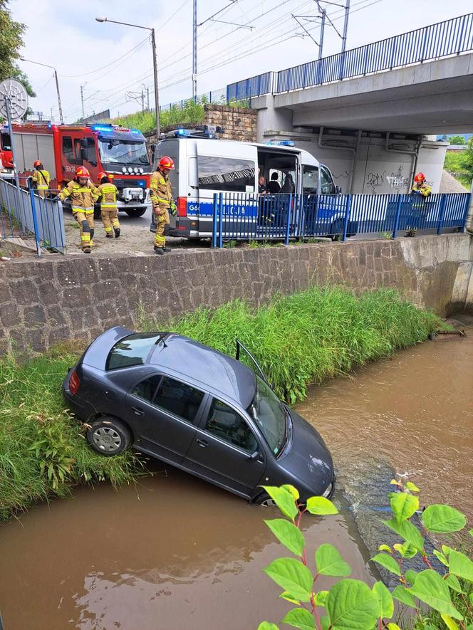 Osobowa skoda wpadła do potoku w Tarnowie. Kierowca zasnął za kierownicą